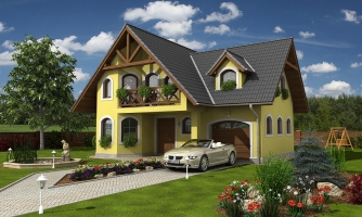 Klassisches Einfamilienhaus mit Dachgeschoss, Zimmer im Erdgeschoss und Garage.